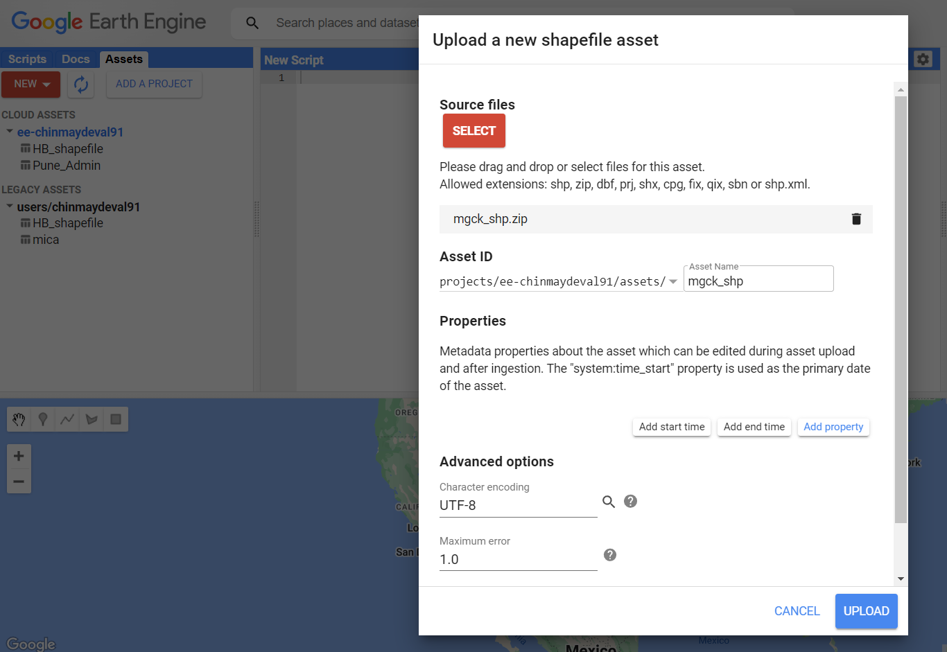 GEE adding asset popup window